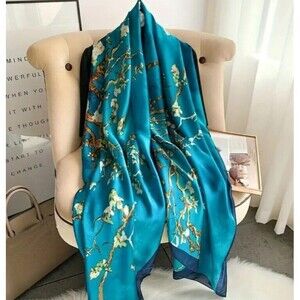 Satin Silk Scarf Van Gogh Paint Turquoise 'Almond blossom Fairy Core